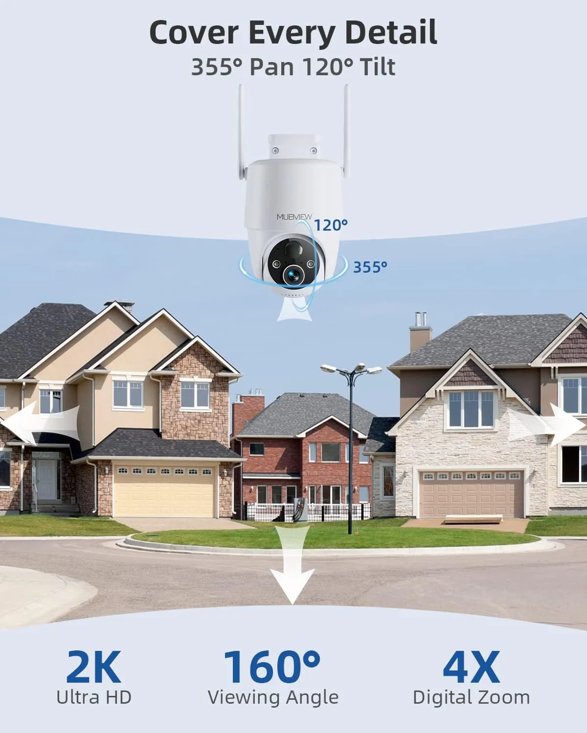 MUBVIEW Solar Security Cameras Wireless Outdoor, 2K 360 PTZ Battery Powered Outdoor Camera, 2.4Ghz WiFi Home Security Camera, Color Night Vision, Motion Detection, 2-Way Audio, Local/Cloud Storage