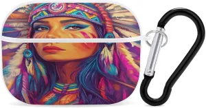Native Am-erican Indian Woman Earbud Case Bluetooth Headphone Case Full Protective Case with Keychain Compatible with Airpods Pro White-Style