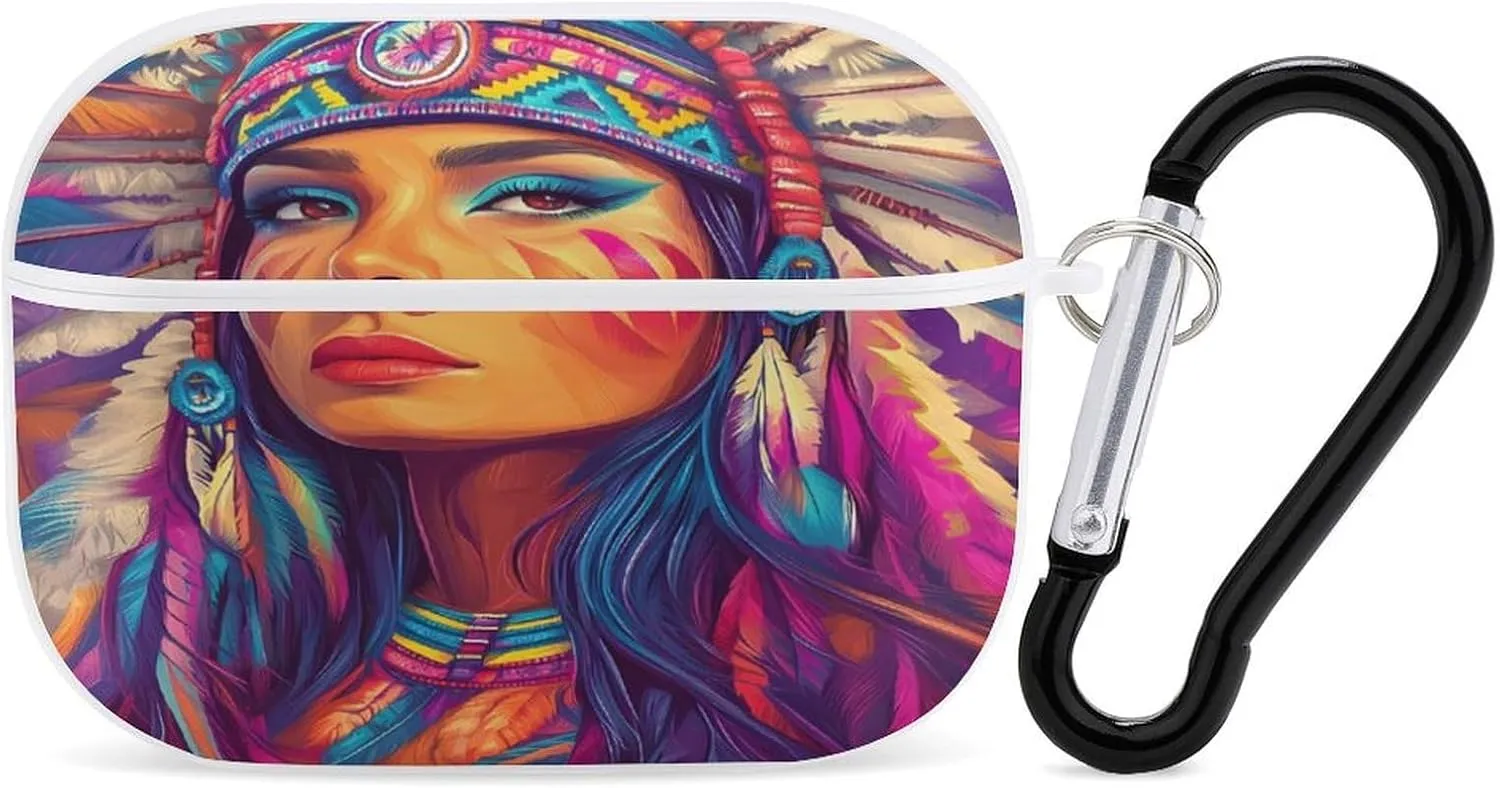 Native Am-erican Indian Woman Earbud Case Bluetooth Headphone Case Full Protective Case with Keychain Compatible with Airpods Pro White-Style