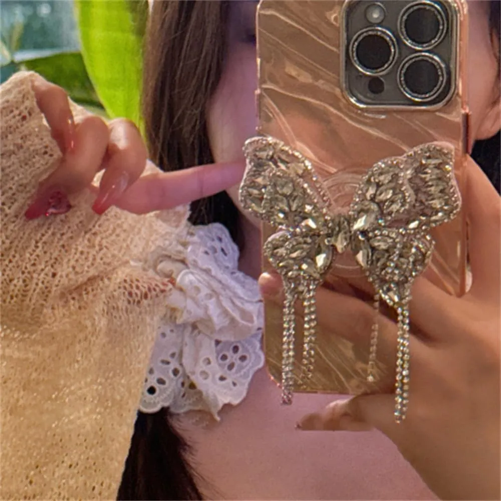 NevStp Diamond Butterfly Artistic Case for iPhone 15 14 13 12 11Pro Max Lens Film Wave Cover,Pink,for iPhone 13pro