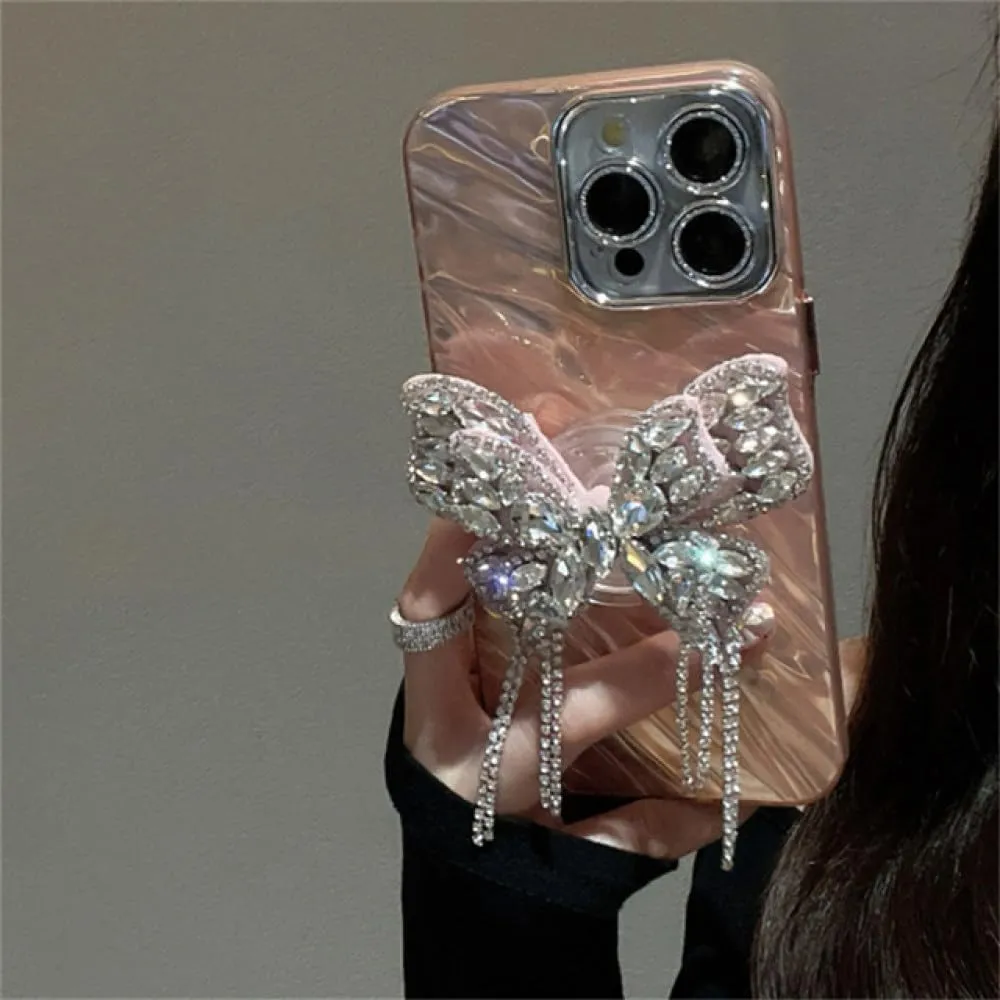 NevStp Diamond Butterfly Artistic Case for iPhone 15 14 13 12 11Pro Max Lens Film Wave Cover,Pink,for iPhone 13pro