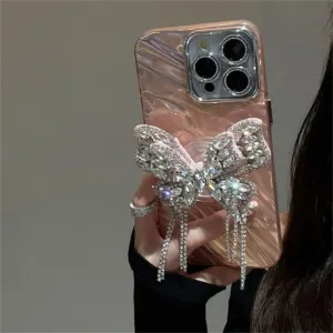 NevStp Diamond Butterfly Artistic Case for iPhone 15 14 13 12 11Pro Max Lens Film Wave Cover,Pink,for iPhone 13pro