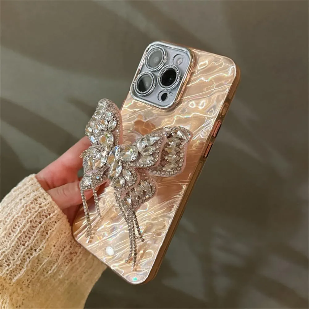 NevStp Diamond Butterfly Artistic Case for iPhone 15 14 13 12 11Pro Max Lens Film Wave Cover,Pink,for iPhone 13pro