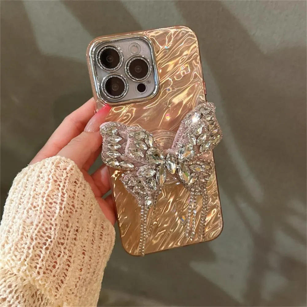 NevStp Diamond Butterfly Artistic Case for iPhone 15 14 13 12 11Pro Max Lens Film Wave Cover,Pink,for iPhone 13pro