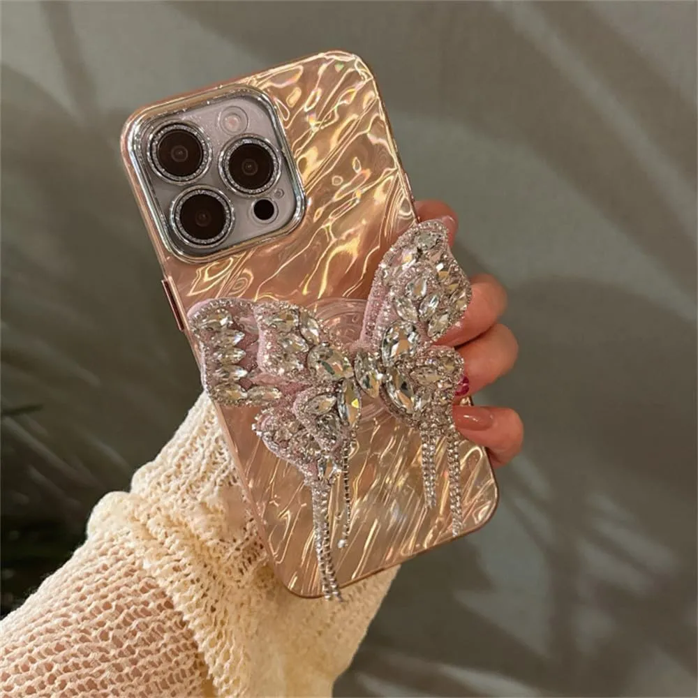 NevStp Diamond Butterfly Artistic Case for iPhone 15 14 13 12 11Pro Max Lens Film Wave Cover,Pink,for iPhone 13pro