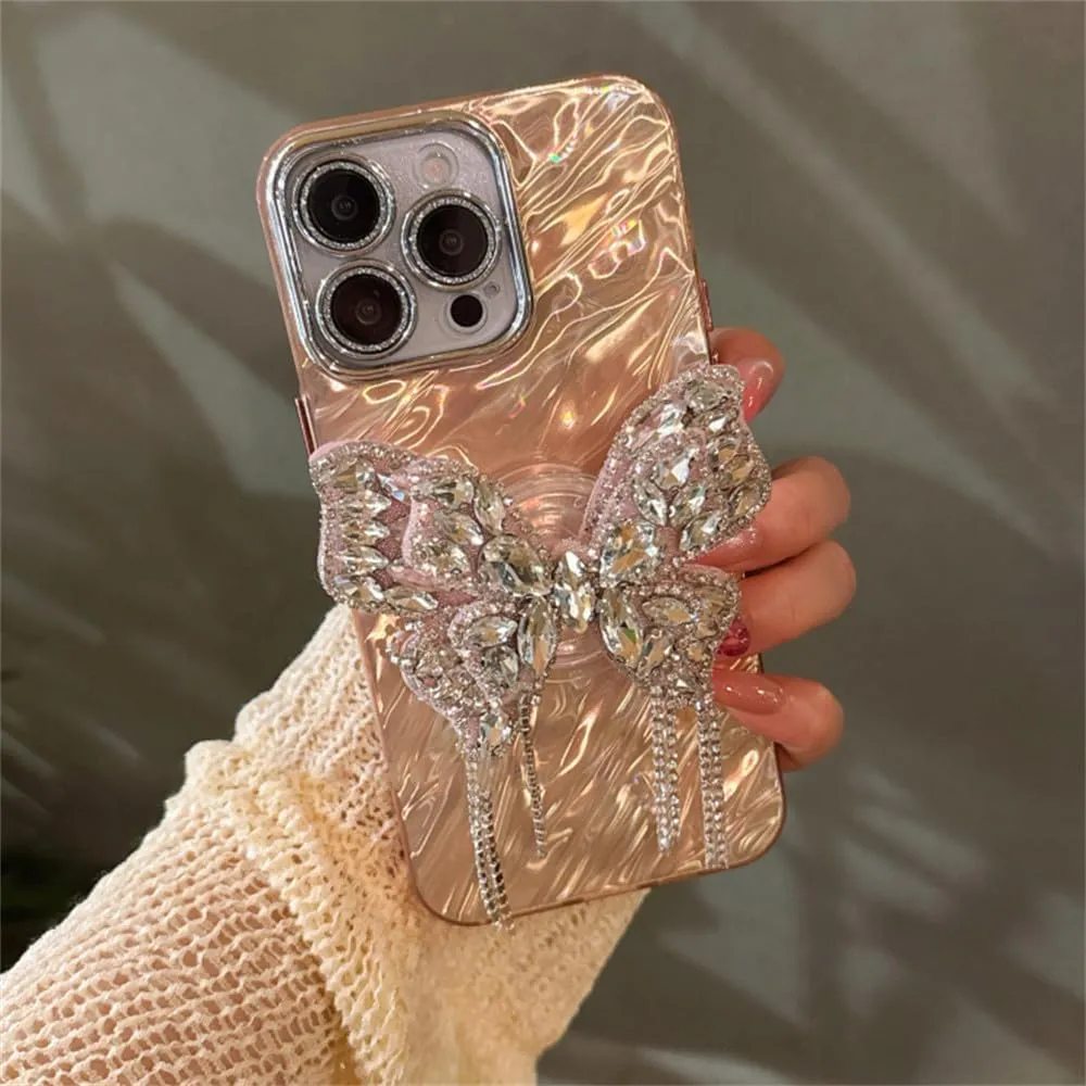 NevStp Diamond Butterfly Artistic Case for iPhone 15 14 13 12 11Pro Max Lens Film Wave Cover,Pink,for iPhone 13pro