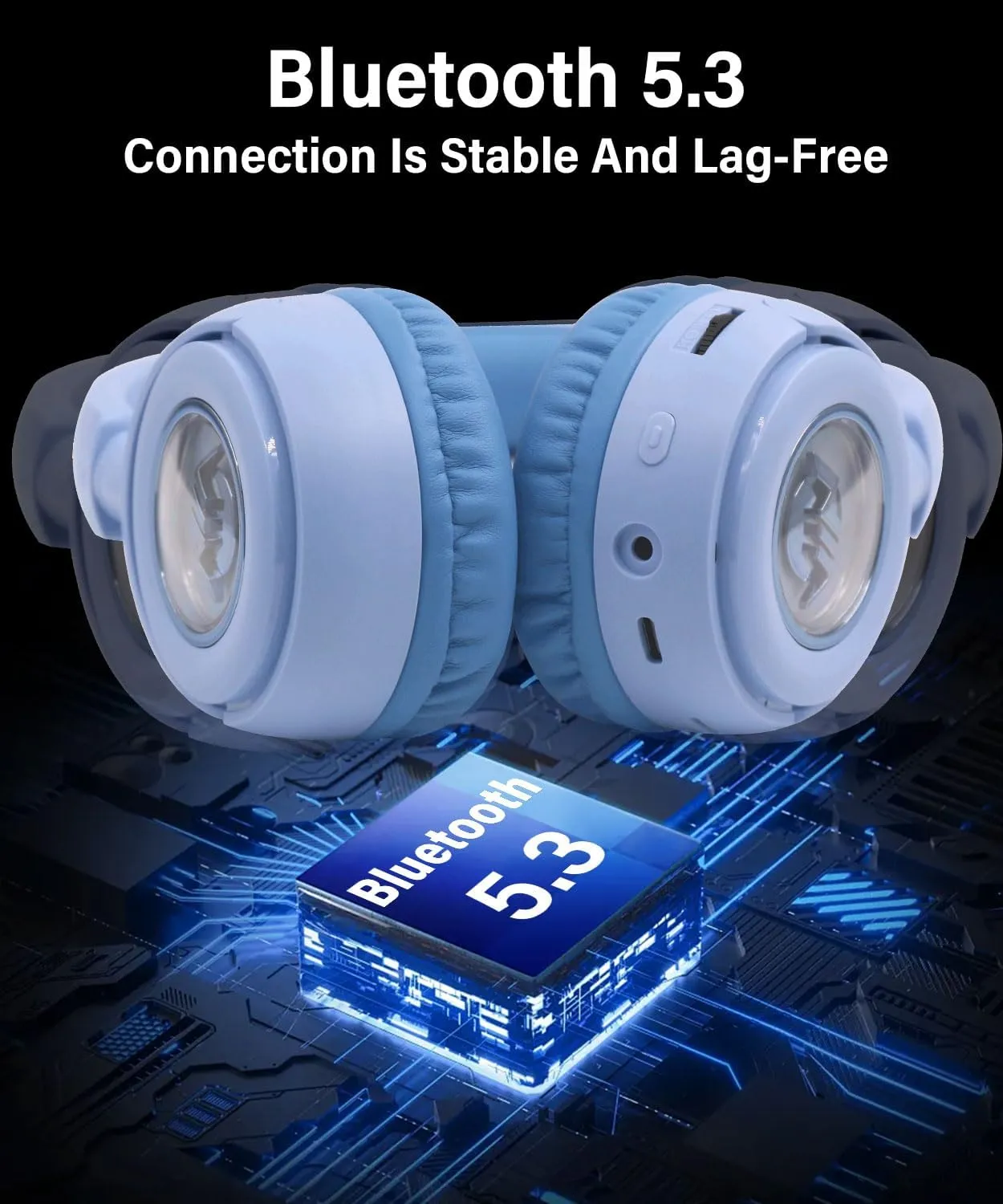 On-Ear Headphones Wireless Bluetooth with Lightweight Foldable Design, 20H Playtime & Bluetooth 5.3, Built-in HD Mic LED Lights, Micro SD/TF Slot for Office Travel, Blue Q9