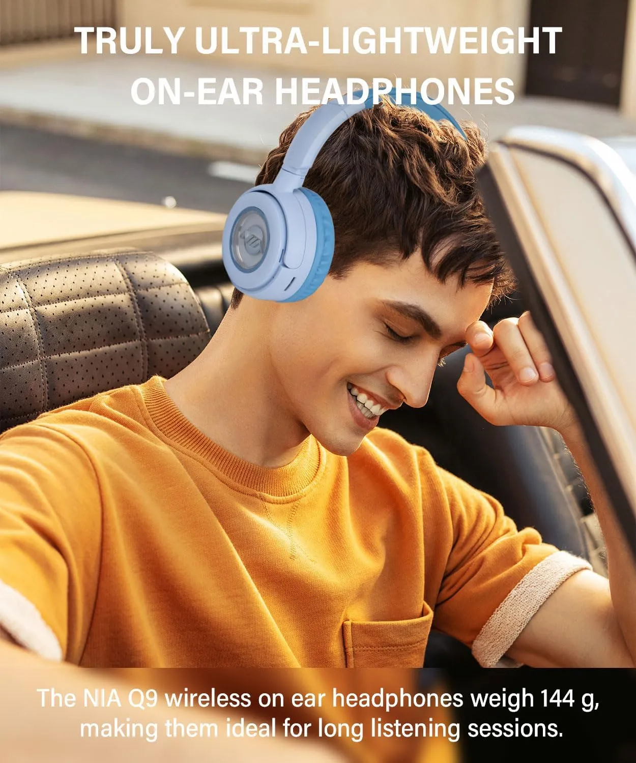 On-Ear Headphones Wireless Bluetooth with Lightweight Foldable Design, 20H Playtime & Bluetooth 5.3, Built-in HD Mic LED Lights, Micro SD/TF Slot for Office Travel, Blue Q9