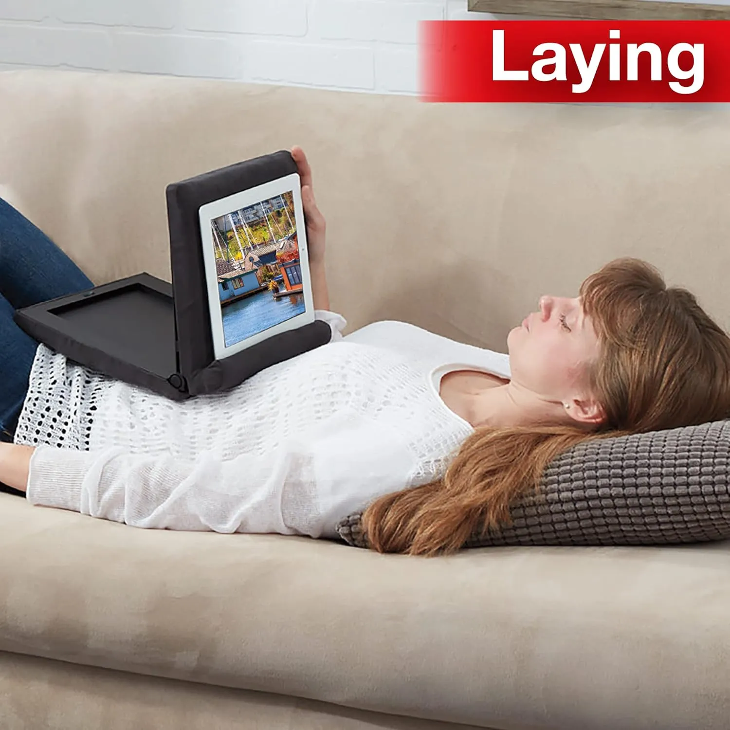 Ontel Pillow Pad Fold Away Multi-Angle Soft Tablet Stand, Gray