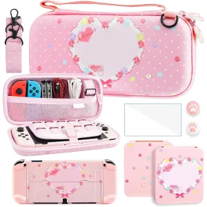 RHOTALL Cute Carrying Case for Nintendo Switch OLED, Potable Travel Case Accessories Bundle for Switch OLED with Protective Shell, Game Case, Shoulder Strap, Screen Protector, Thumb Caps - Pink Bunny