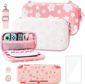 RHOTALL Pink-White Cherry Blossom Carrying Case for Nintendo Switch Lite, Portable Storage for Accessories With Protective Case, Screen Protector, Adjustable Shoulder Strap and 2 Thumb Caps
