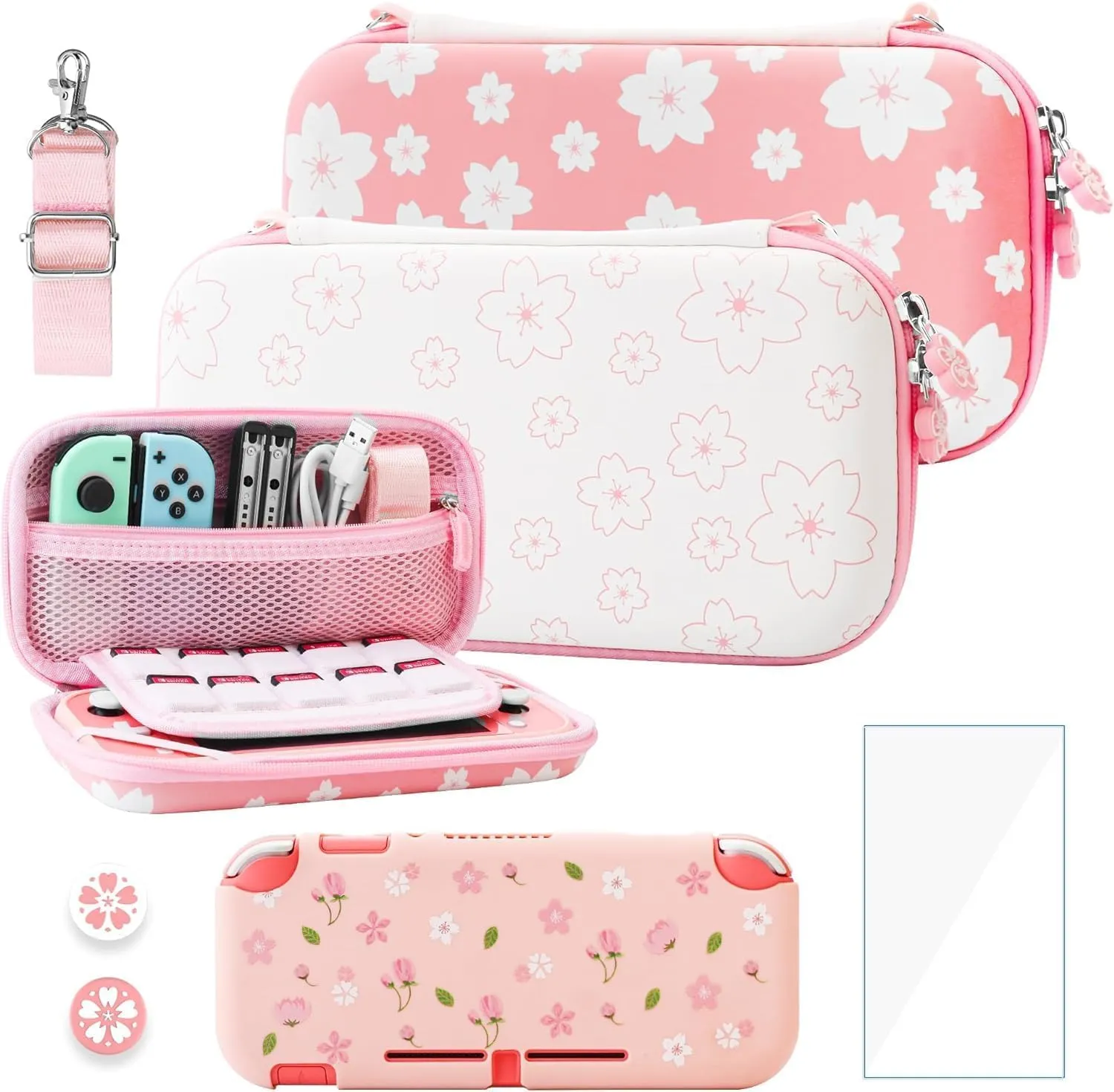 RHOTALL Pink-White Cherry Blossom Carrying Case for Nintendo Switch Lite, Portable Storage for Accessories With Protective Case, Screen Protector, Adjustable Shoulder Strap and 2 Thumb Caps
