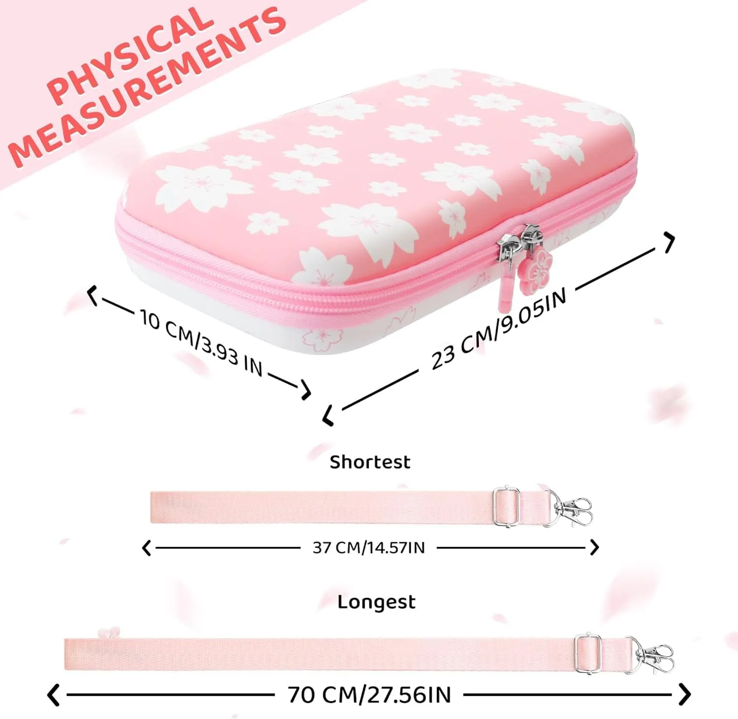 RHOTALL Pink-White Cherry Blossom Carrying Case for Nintendo Switch Lite, Portable Storage for Accessories With Protective Case, Screen Protector, Adjustable Shoulder Strap and 2 Thumb Caps
