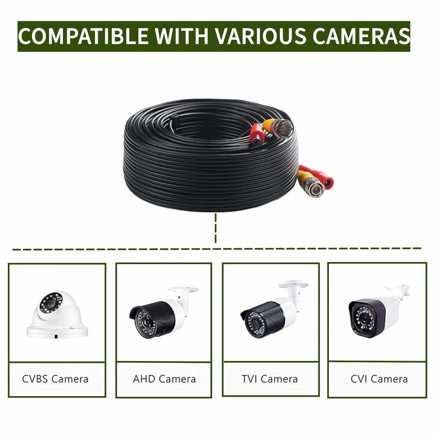 Security Camera Cable All-in-One BNC Video Power Cables, BNC Extension Black Cord for CCTV Camera DVR Security System (50FT)