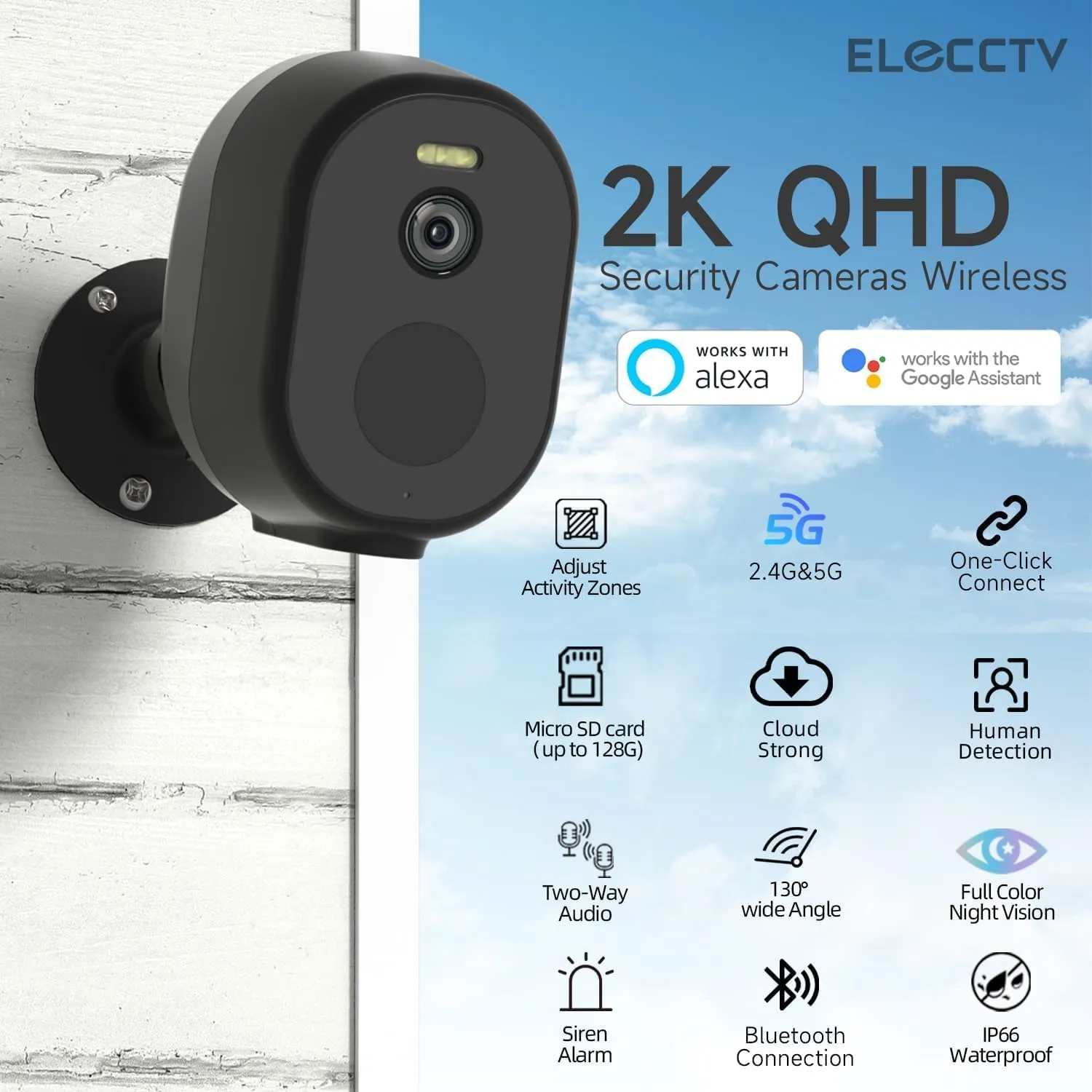Security Cameras Wireless Outdoor, 2K/3MP QHD Home Security System 4-Cam Kit with 130-Wide View, Night Vision, Spotlight,IP65 Waterproof, Support Alexa,2.4GHz & 5GHz WiFi,Cloud/SD (C363-B-4PC)