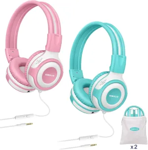 SIMOLIO 2 Pack Kids Headphones with 75dB, 85dB, 94dB Volume Limited, Sturdy On-Ear Children Headphones with Microphone & Share Port, Portable Bag for Toddlers/Girls/Boys