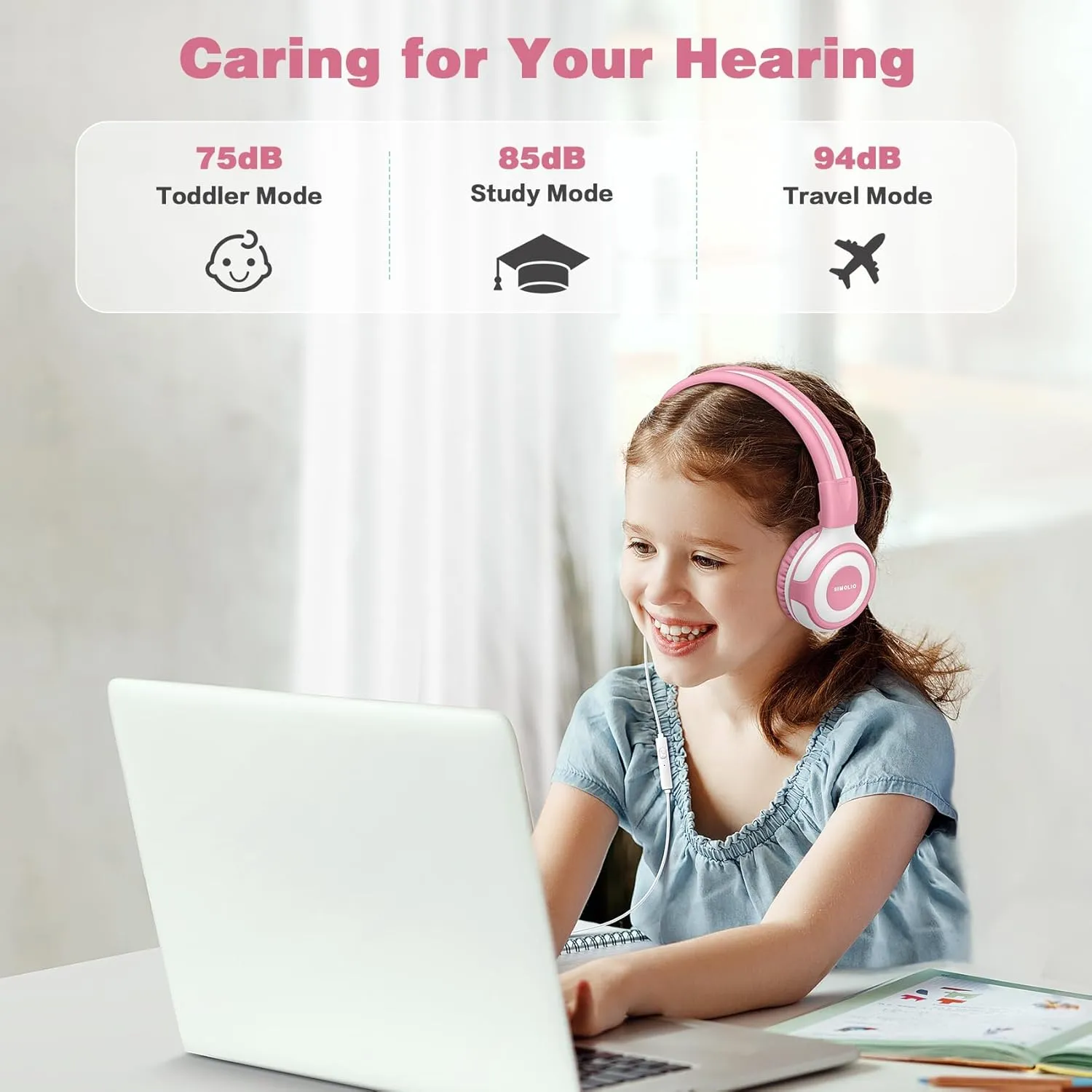 SIMOLIO 2 Pack Kids Headphones with 75dB, 85dB, 94dB Volume Limited, Sturdy On-Ear Children Headphones with Microphone & Share Port, Portable Bag for Toddlers/Girls/Boys