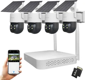Solar Security Camera Outdoor Wireless: 4PCS 360 WiFi Security Cameras System for Home Surveillance Solar Camera NVR KIT Expandable 10CH Color Night Vision 2-Way Voice