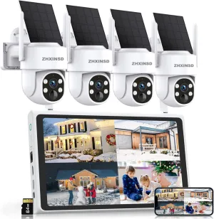 Solar Security Cameras Wireless Outdoor, 4MP FHD Battery Powered Home Security Camera System with 10" Monitor, 4-Cam kit, 360 View, Full Color Night Vision, Motion Detection, Work with Alexa