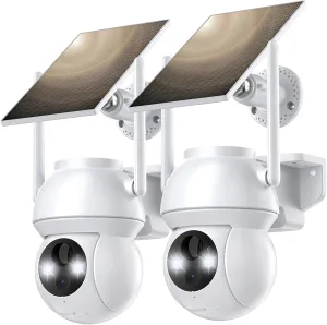 Solar Security Cameras Wireless Outdoor, WiFi Camera Outdoor 2K 360 View Battery Powered, Cameras for Home Security with Spotlight Color Night Vision Motion Sensor 2-Way Talk, White, 2 Pack