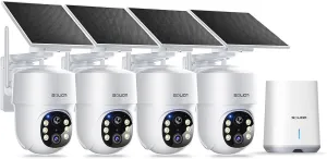 SOLIOM- 5MP Security Cameras Wireless Outdoor, No Subscription,4-Cam Pack, Solar Powered Home Security Camera with 360 Auto Tracking, Pan & Tilt, 3K Color Night Vision,5G & 2.4G Router Compatible