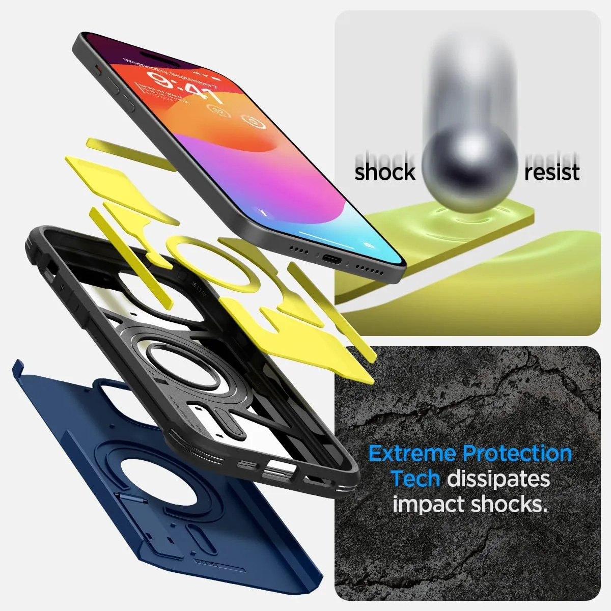 Spigen Tough Armor MagFit Designed for iPhone 15 Case (2023) [Kickstand] [Military-Grade Protection] Compatible with MagSafe - Navy Blue
