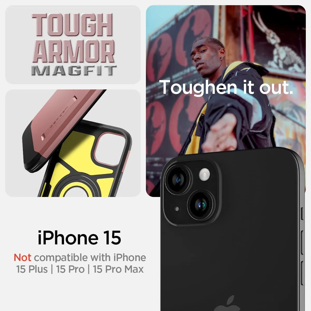 Spigen Tough Armor MagFit Designed for iPhone 15 Case (2023) [Kickstand] [Military-Grade Protection] Compatible with MagSafe - Rose Gold