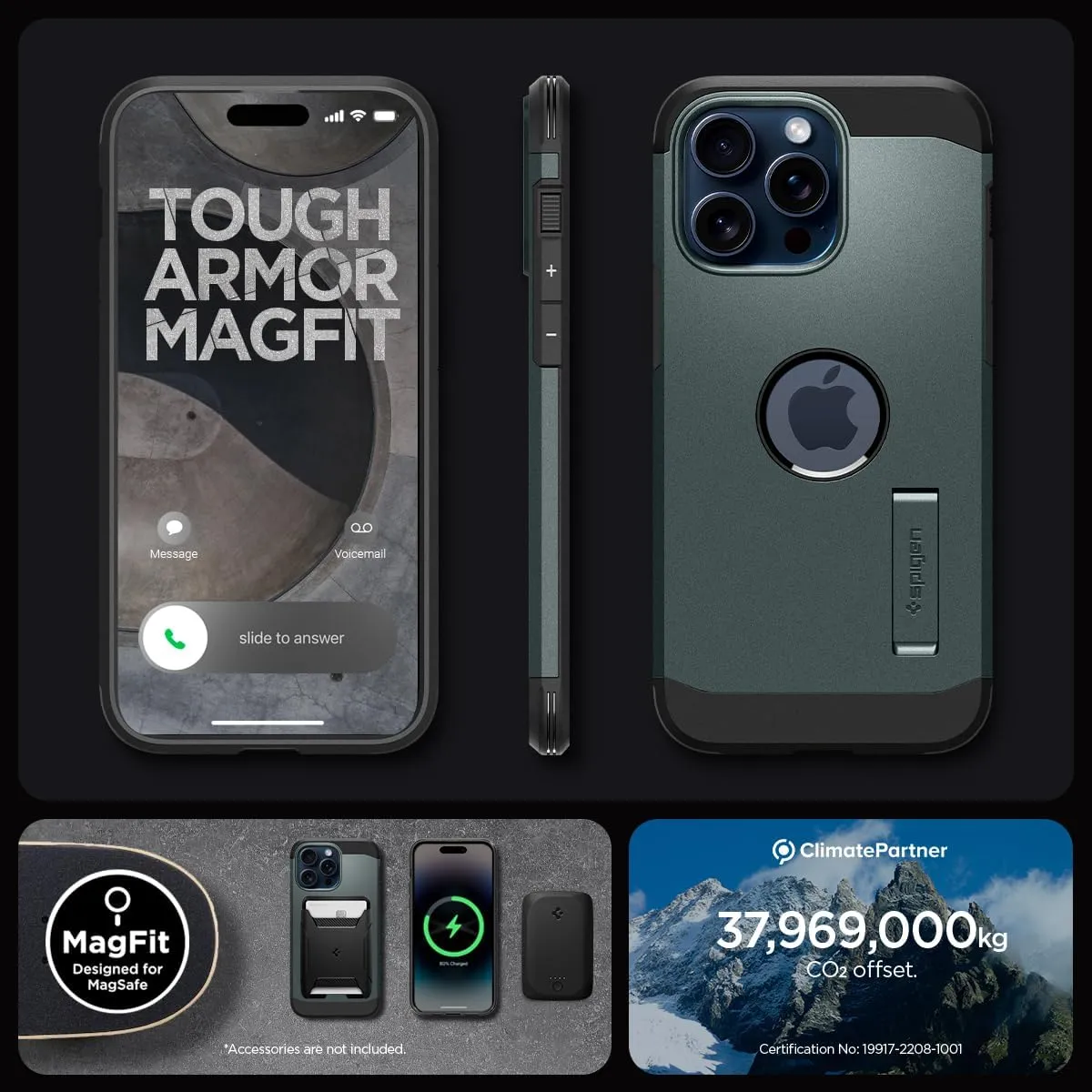 Spigen Tough Armor MagFit Designed for iPhone 15 Pro Max Case (2023) [Kickstand] [Military-Grade Protection] Compatible with MagSafe - Abyss Green