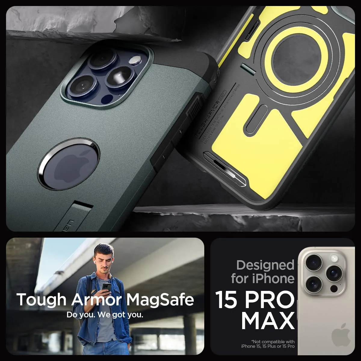 Spigen Tough Armor MagFit Designed for iPhone 15 Pro Max Case (2023) [Kickstand] [Military-Grade Protection] Compatible with MagSafe - Abyss Green