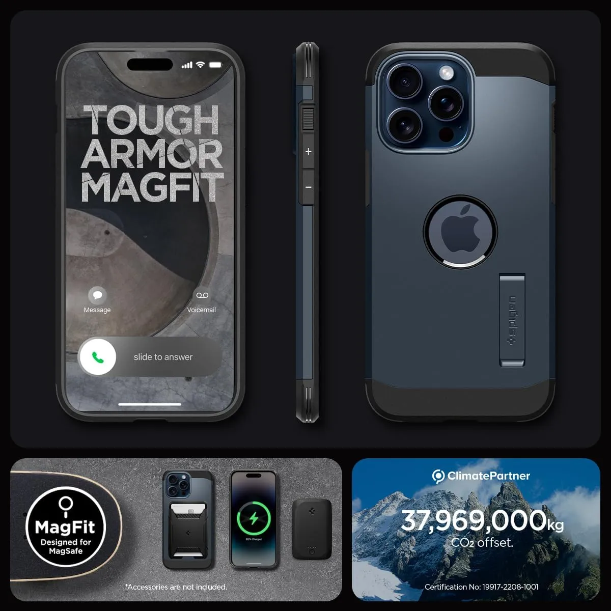 Spigen Tough Armor MagFit Designed for iPhone 15 Pro Max Case (2023) [Kickstand] [Military-Grade Protection] Compatible with MagSafe - Metal Slate