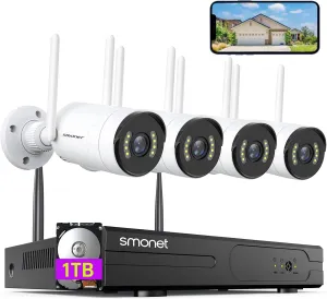 [Spotlight,2-Way Audio] SMONET 1080P WiFi Security Camera System,1TB Hard Drive,8CH Home CCTV Surveillance DVR Kits,4 Packs Outdoor Indoor IP Cameras Set,Phone APP,Night Vision,24/7 Video Recording