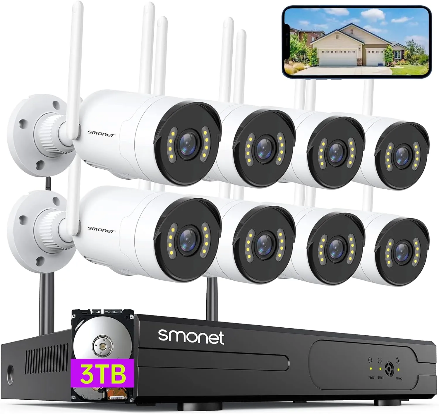 [Spotlight,2-Way Audio] SMONET 1080P WiFi Security Camera System,3TB Hard Drive,8CH Home CCTV Surveillance NVR Kits,8 Packs Outdoor Indoor IP Cameras Set, Phone APP,Night Vision,24/7 Video Recording