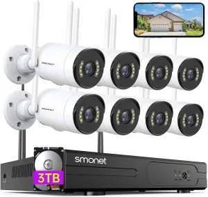 [Spotlight,2-Way Audio] SMONET 1080P WiFi Security Camera System,3TB Hard Drive,8CH Home CCTV Surveillance NVR Kits,8 Packs Outdoor Indoor IP Cameras Set, Phone APP,Night Vision,24/7 Video Recording