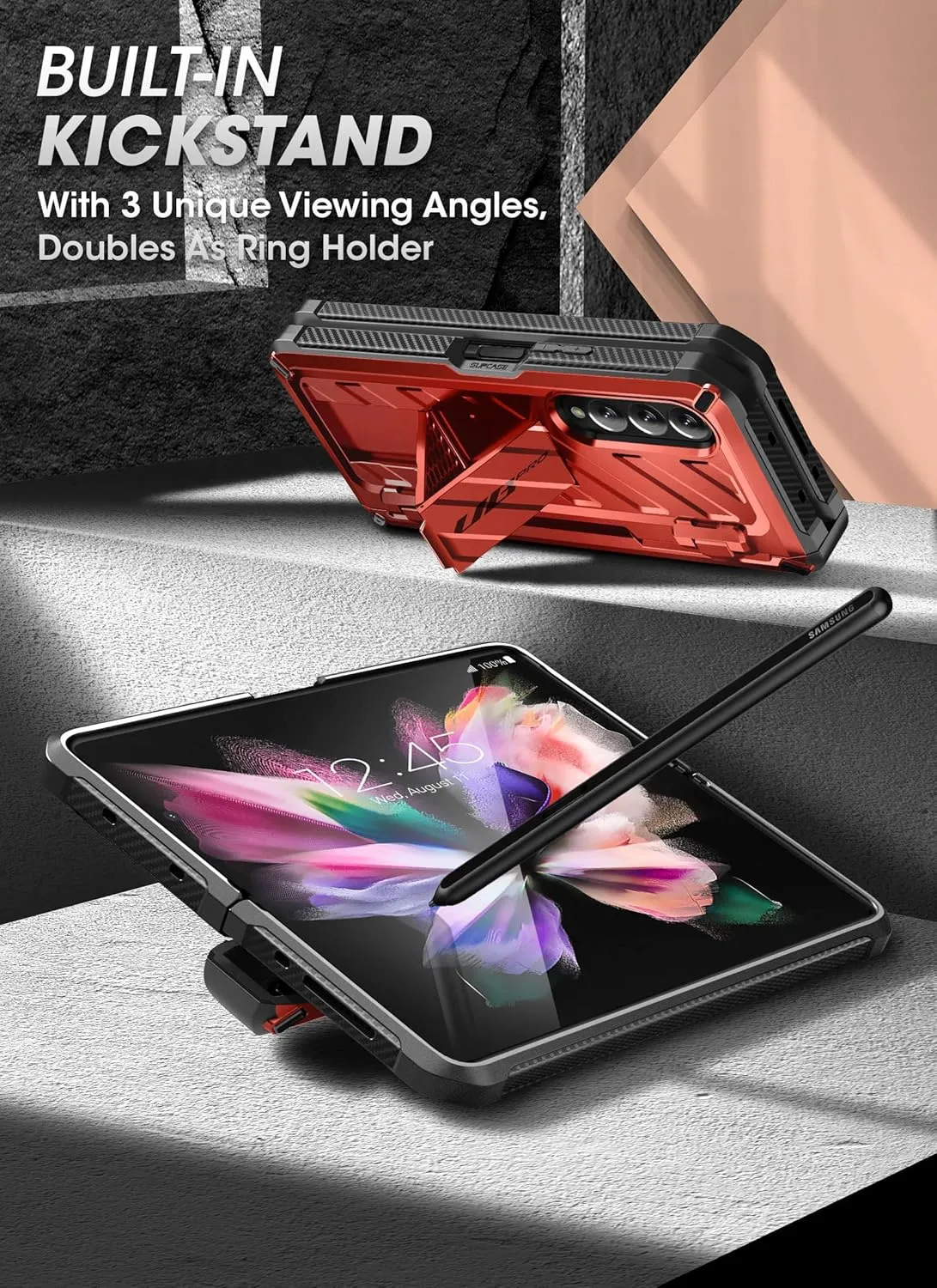 SUPCASE for Galaxy Z Fold 3 Case with S Pen Holder (Unicorn Beetle Pro), [Built-in Screen Protector & Stand] [Military-Grade Protection] Heavy Duty Protective Phone Case for Samsung Fold 3, Ruddy