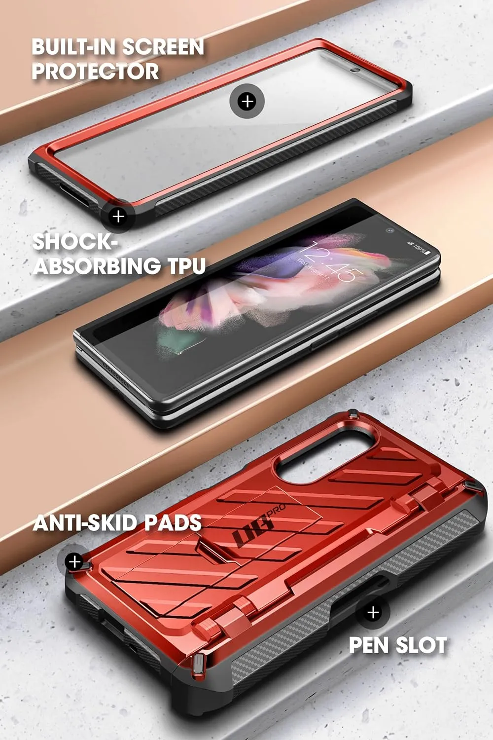 SUPCASE for Galaxy Z Fold 3 Case with S Pen Holder (Unicorn Beetle Pro), [Built-in Screen Protector & Stand] [Military-Grade Protection] Heavy Duty Protective Phone Case for Samsung Fold 3, Ruddy