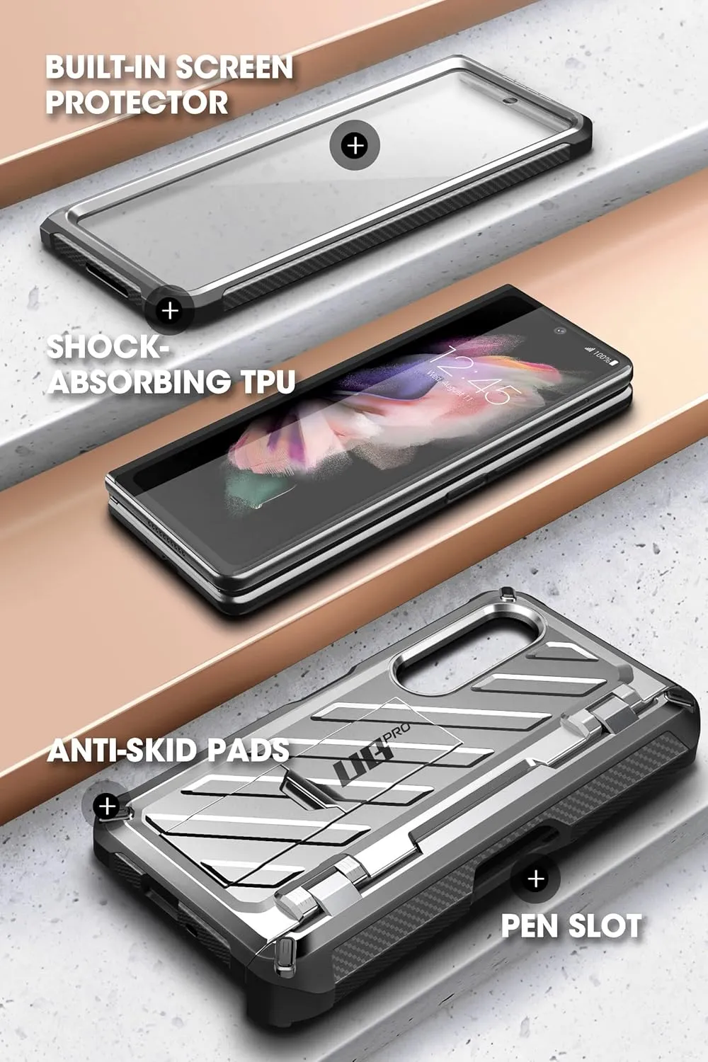 SUPCASE for Galaxy Z Fold 3 Case with S Pen Holder (Unicorn Beetle Pro), [Built-in Screen Protector & Stand] [Military-Grade Protection] Heavy Duty Protective Phone Case for Samsung Fold 3, Silver