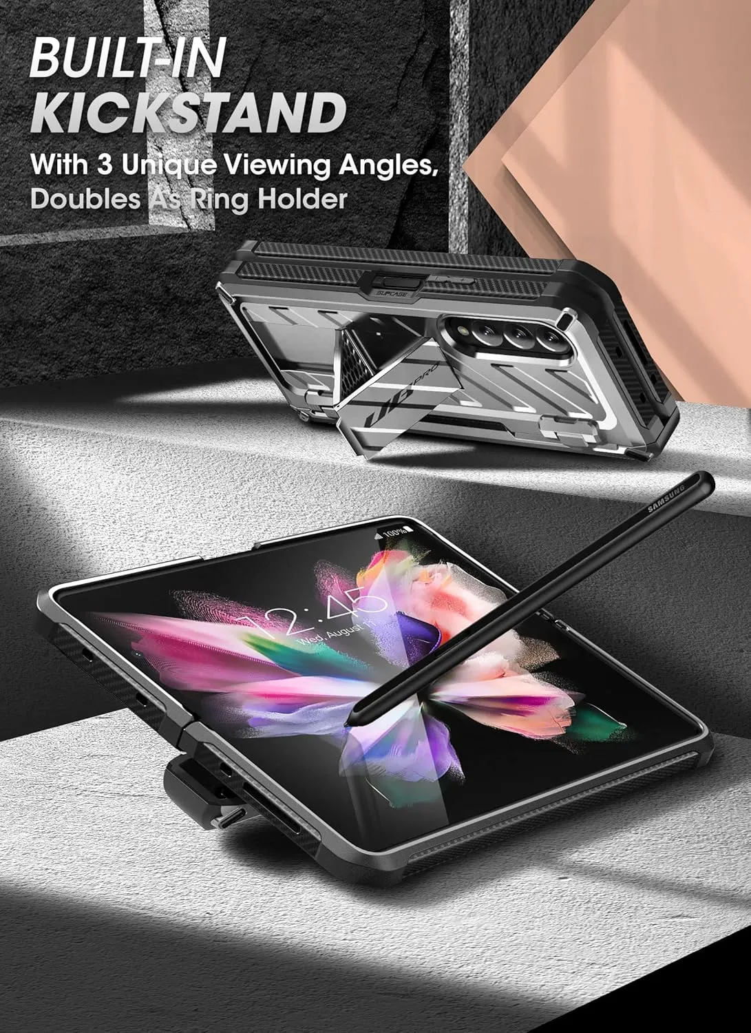 SUPCASE for Galaxy Z Fold 3 Case with S Pen Holder (Unicorn Beetle Pro), [Built-in Screen Protector & Stand] [Military-Grade Protection] Heavy Duty Protective Phone Case for Samsung Fold 3, Silver