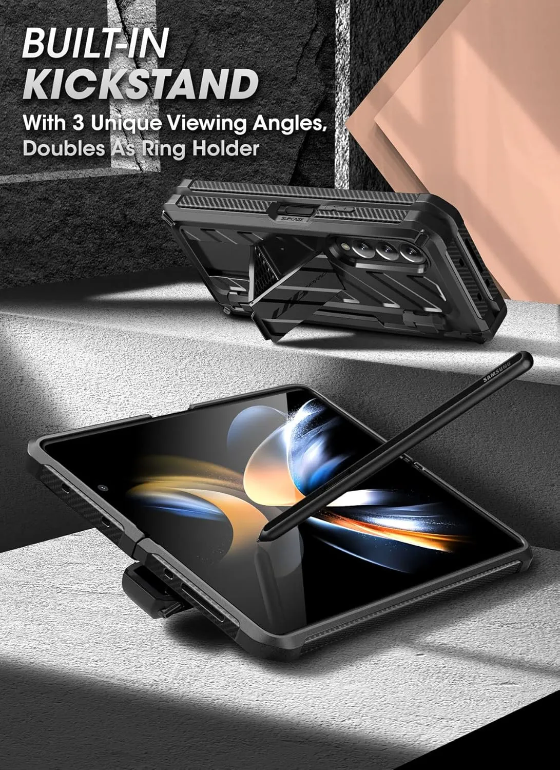 SUPCASE for Galaxy Z Fold 4 Case with S Pen Holder (Unicorn Beetle Pro), [Built-in Screen Protector & Stand] [Military-Grade Protection] Heavy Duty Protective Phone Case for Samsung Fold 4, Black
