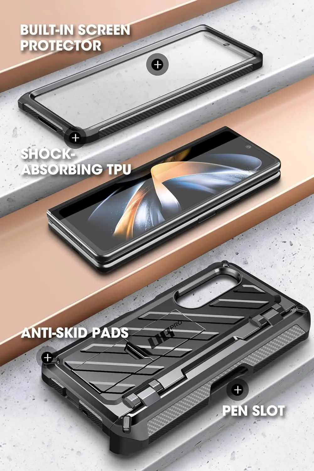 SUPCASE for Galaxy Z Fold 4 Case with S Pen Holder (Unicorn Beetle Pro), [Built-in Screen Protector & Stand] [Military-Grade Protection] Heavy Duty Protective Phone Case for Samsung Fold 4, Black