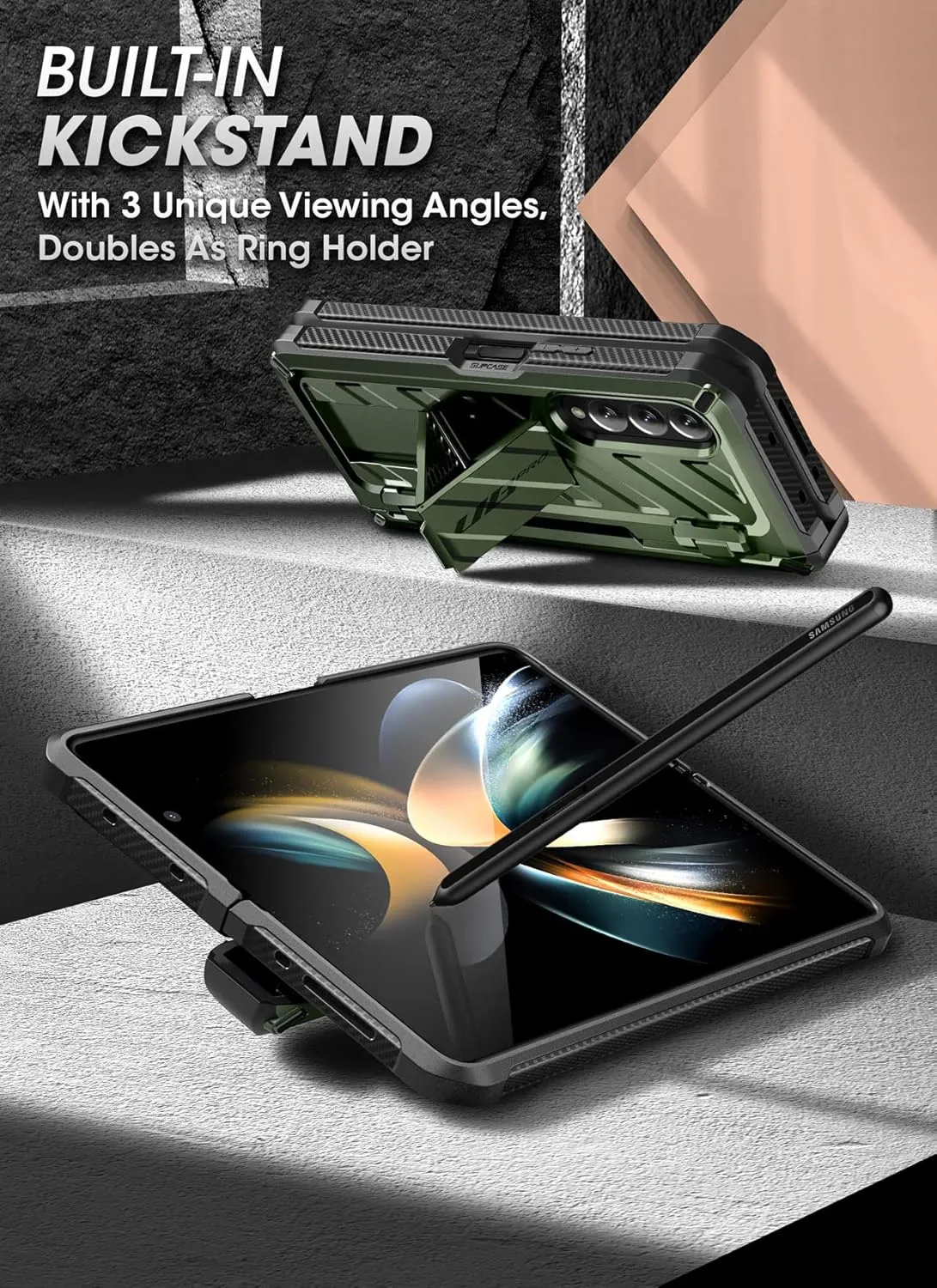 SupCase for Galaxy Z Fold 4 Case with S Pen Holder (Unicorn Beetle Pro), [Built-in Screen Protector & Stand] [Military-Grade Protection] Heavy Duty Protective Phone Case for Samsung Fold 4, Guldan