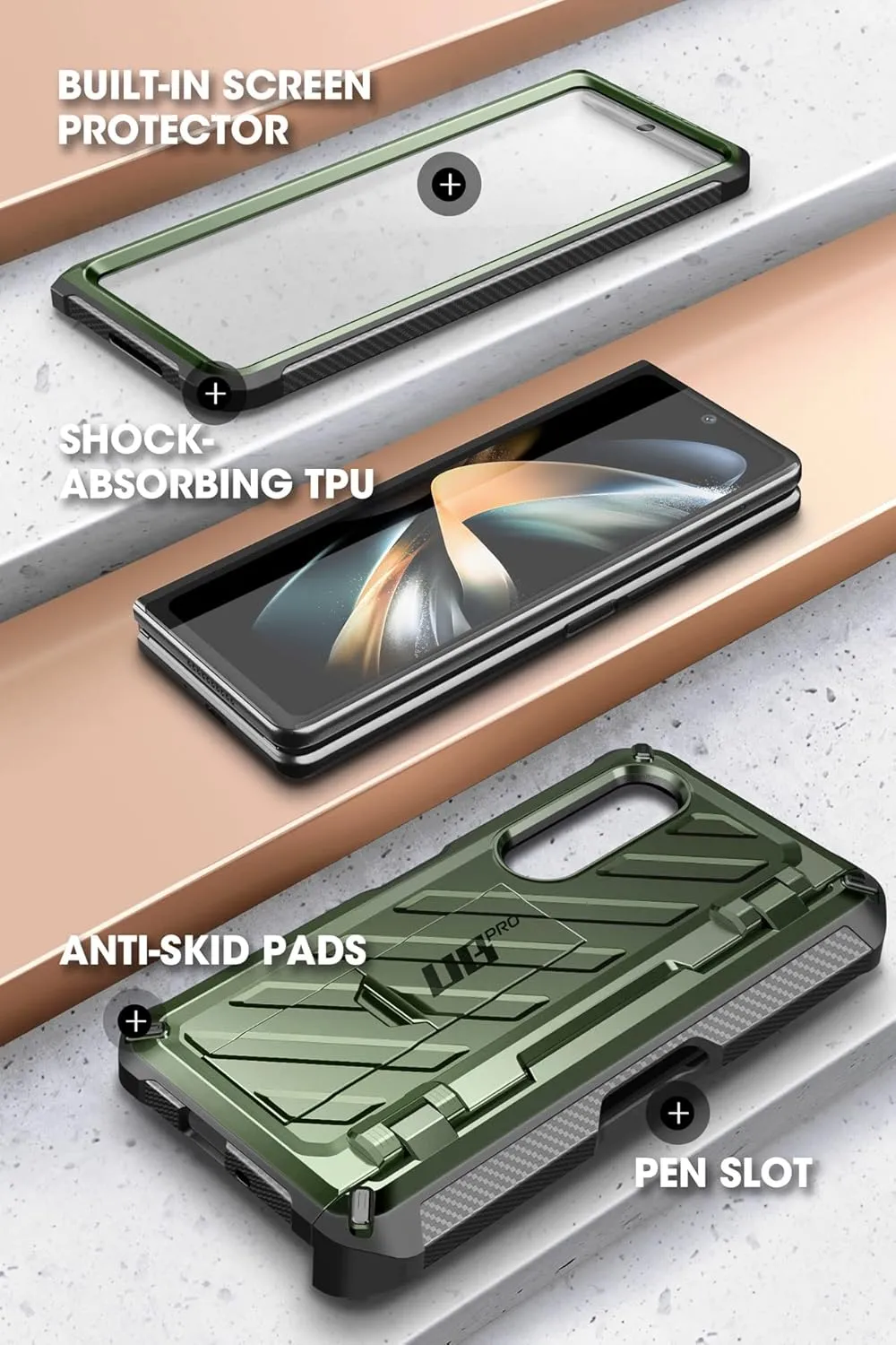 SupCase for Galaxy Z Fold 4 Case with S Pen Holder (Unicorn Beetle Pro), [Built-in Screen Protector & Stand] [Military-Grade Protection] Heavy Duty Protective Phone Case for Samsung Fold 4, Guldan