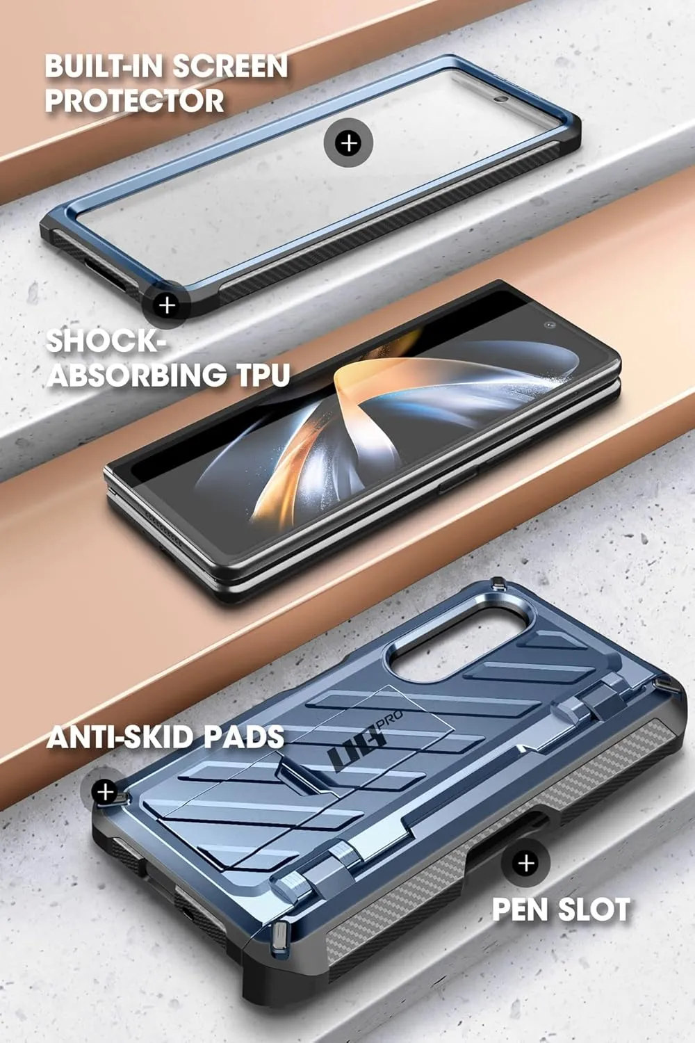 SupCase for Galaxy Z Fold 4 Case with S Pen Holder (Unicorn Beetle Pro), [Built-in Screen Protector & Stand] [Military-Grade Protection] Heavy Duty Protective Phone Case for Samsung Fold 4, Tilt