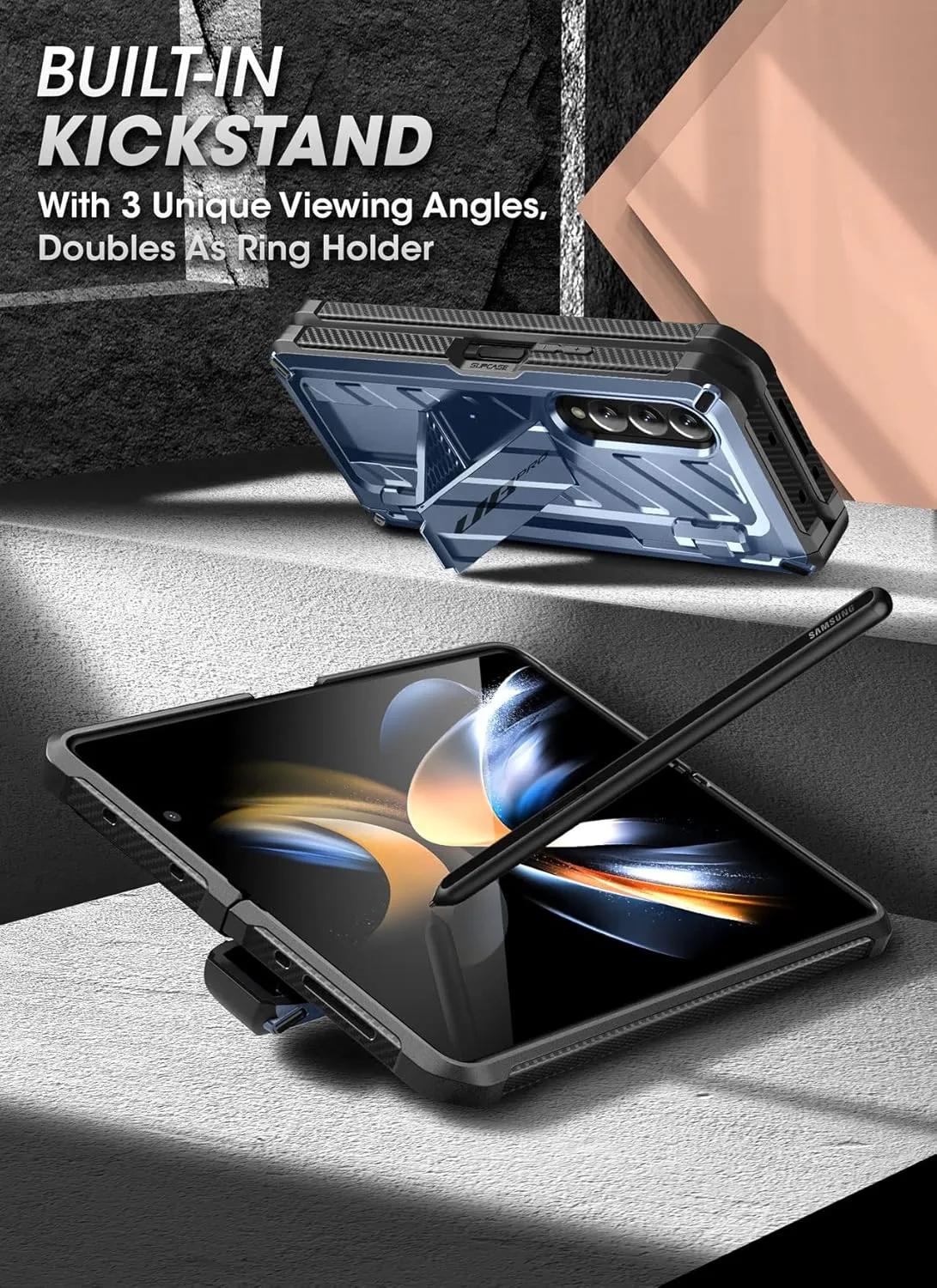 SupCase for Galaxy Z Fold 4 Case with S Pen Holder (Unicorn Beetle Pro), [Built-in Screen Protector & Stand] [Military-Grade Protection] Heavy Duty Protective Phone Case for Samsung Fold 4, Tilt
