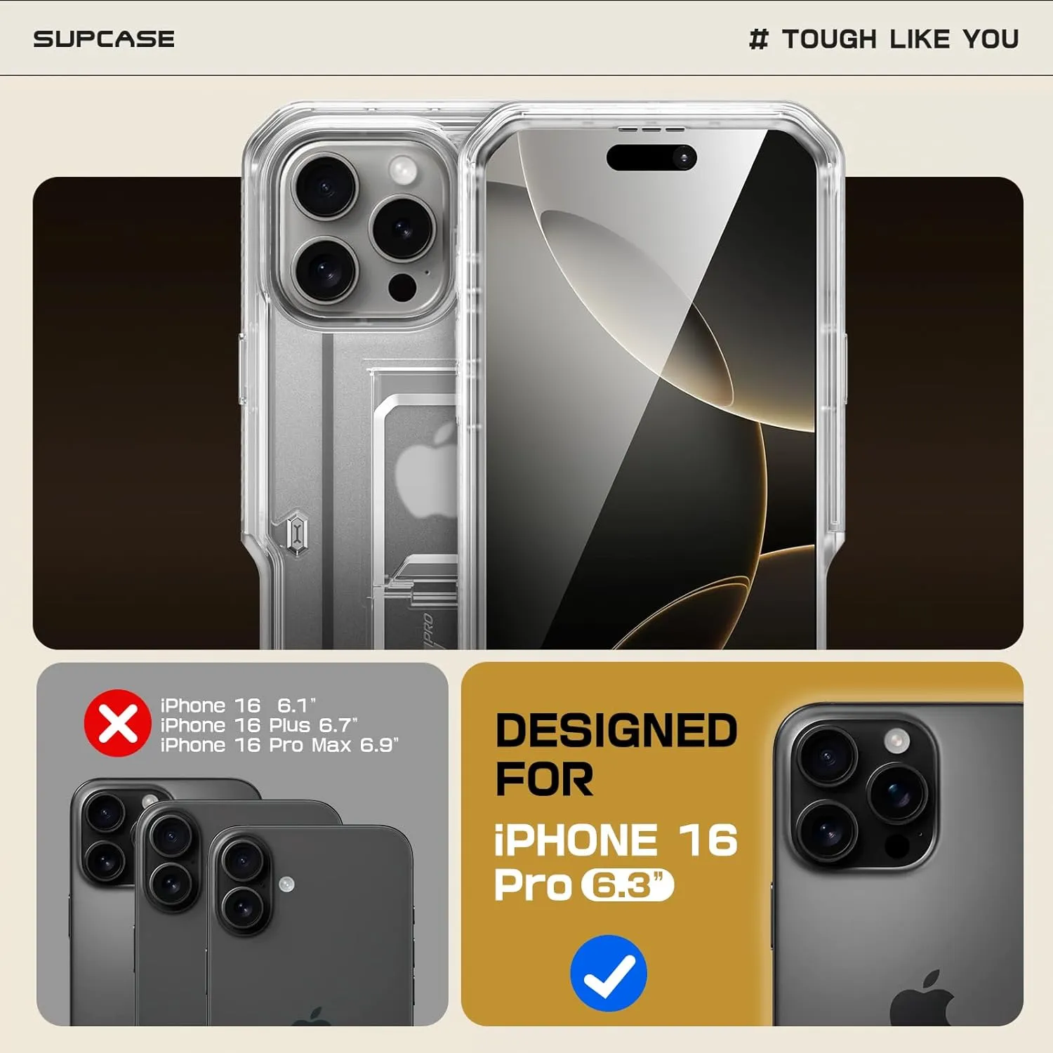 SUPCASE for iPhone 16 Pro Case with Screen Protector (Unicorn Beetle Pro), [Built-in Stand & Belt-Clip] [Military-Grade Protection] Full Body Heavy Duty Phone Case for iPhone 16 Pro 6.3'' 2024, Clear