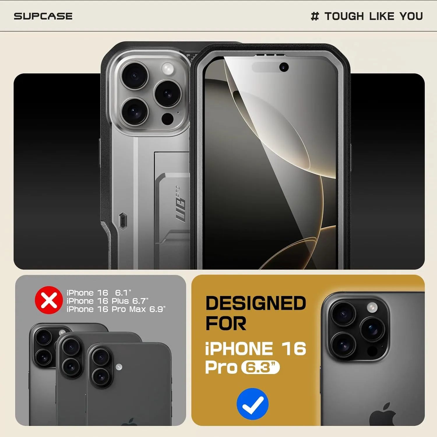 SUPCASE for iPhone 16 Pro Case with Screen Protector (Unicorn Beetle Pro), [Built-in Stand & Belt-Clip] [Military-Grade Protection] Full Body Heavy Duty Phone Case for iPhone 16 Pro 6.3'' 2024, TiGray