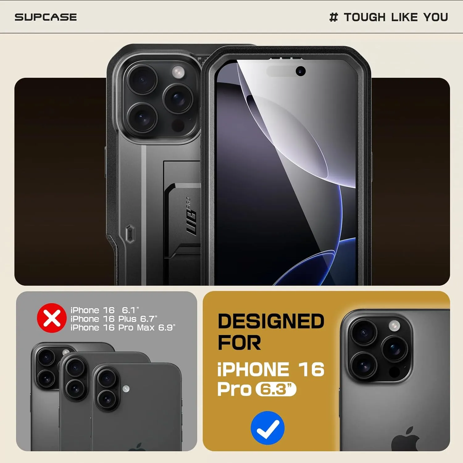 SUPCASE for iPhone 16 Pro Case with Screen Protector (Unicorn Beetle Pro), [Built-in Stand & Belt-Clip] [Military-Grade Protection] Full Body Heavy Duty Phone Case for iPhone 6.3 Inch 2024, Black