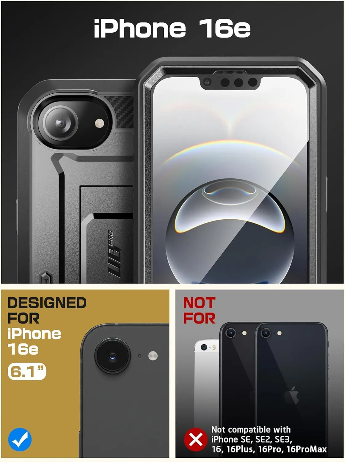 SUPCASE for iPhone 16e Case with Screen Protector (Unicorn Beetle Pro), [Built-in Stand & Belt-Clip] [Military-Grade Protection] Full Body Phone Case for iPhone 16e 6.1'' 2025, Black