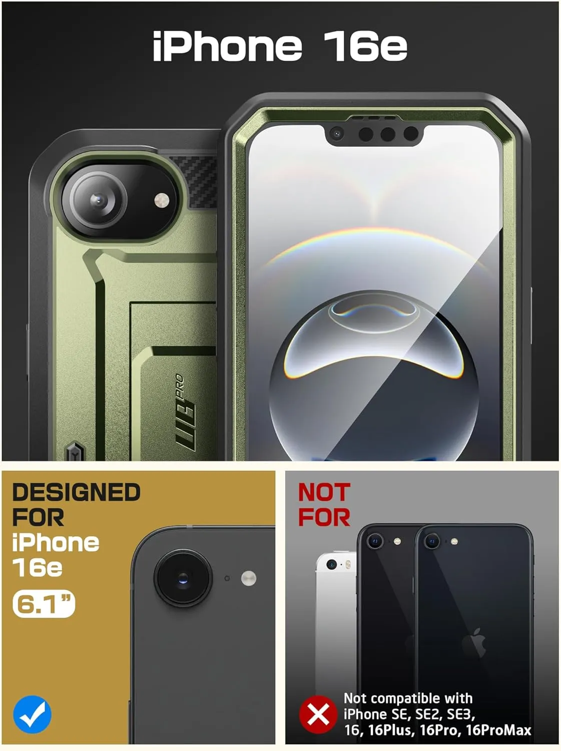 SUPCASE for iPhone 16e Case with Screen Protector (Unicorn Beetle Pro), [Built-in Stand & Belt-Clip] [Military-Grade Protection] Full Body Phone Case for iPhone 16e 6.1'' 2025, Guldan