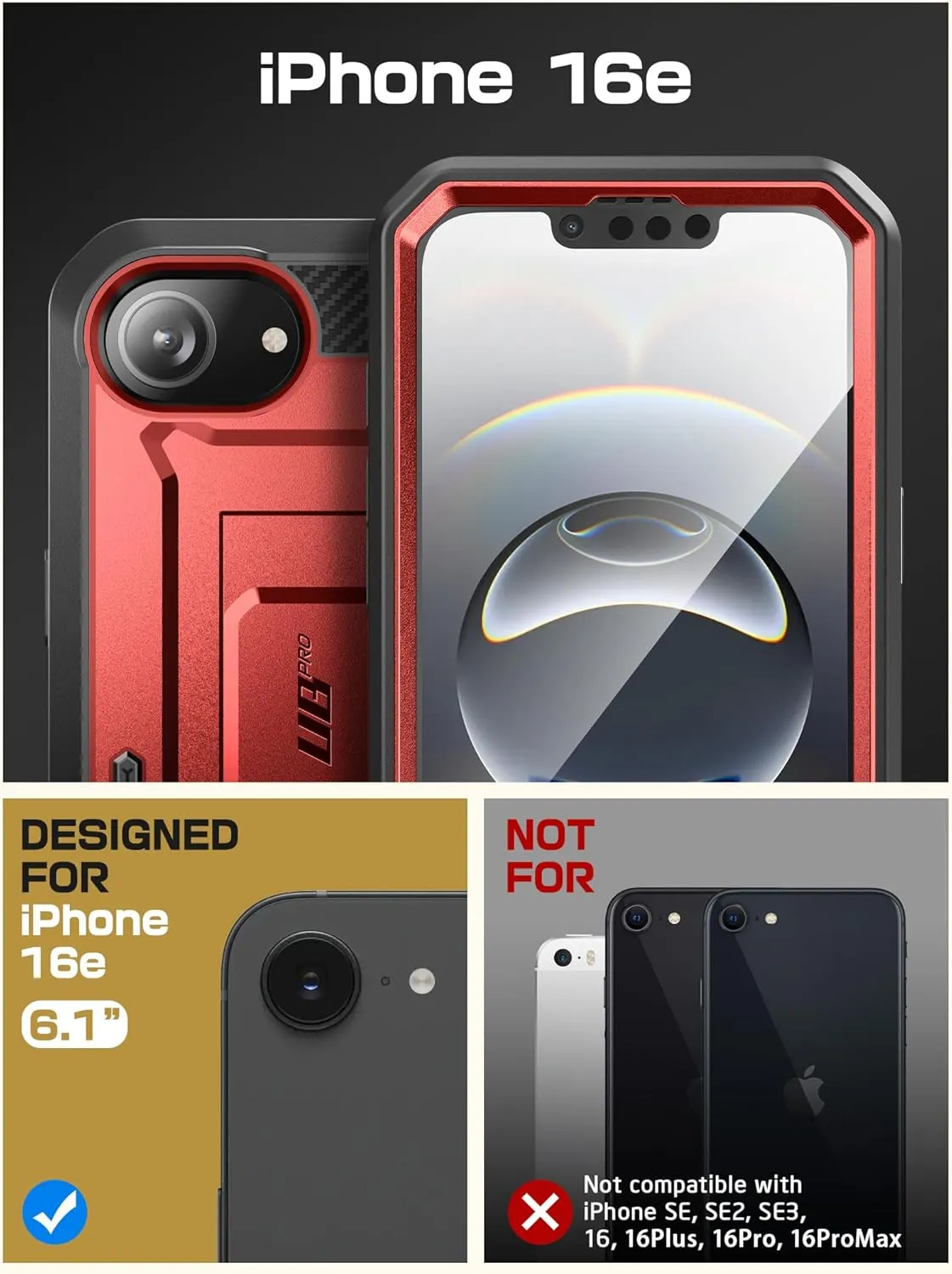 SUPCASE for iPhone 16e Case with Screen Protector (Unicorn Beetle Pro), [Built-in Stand & Belt-Clip] [Military-Grade Protection] Full Body Phone Case for iPhone 16e 6.1'' 2025, Ruddy