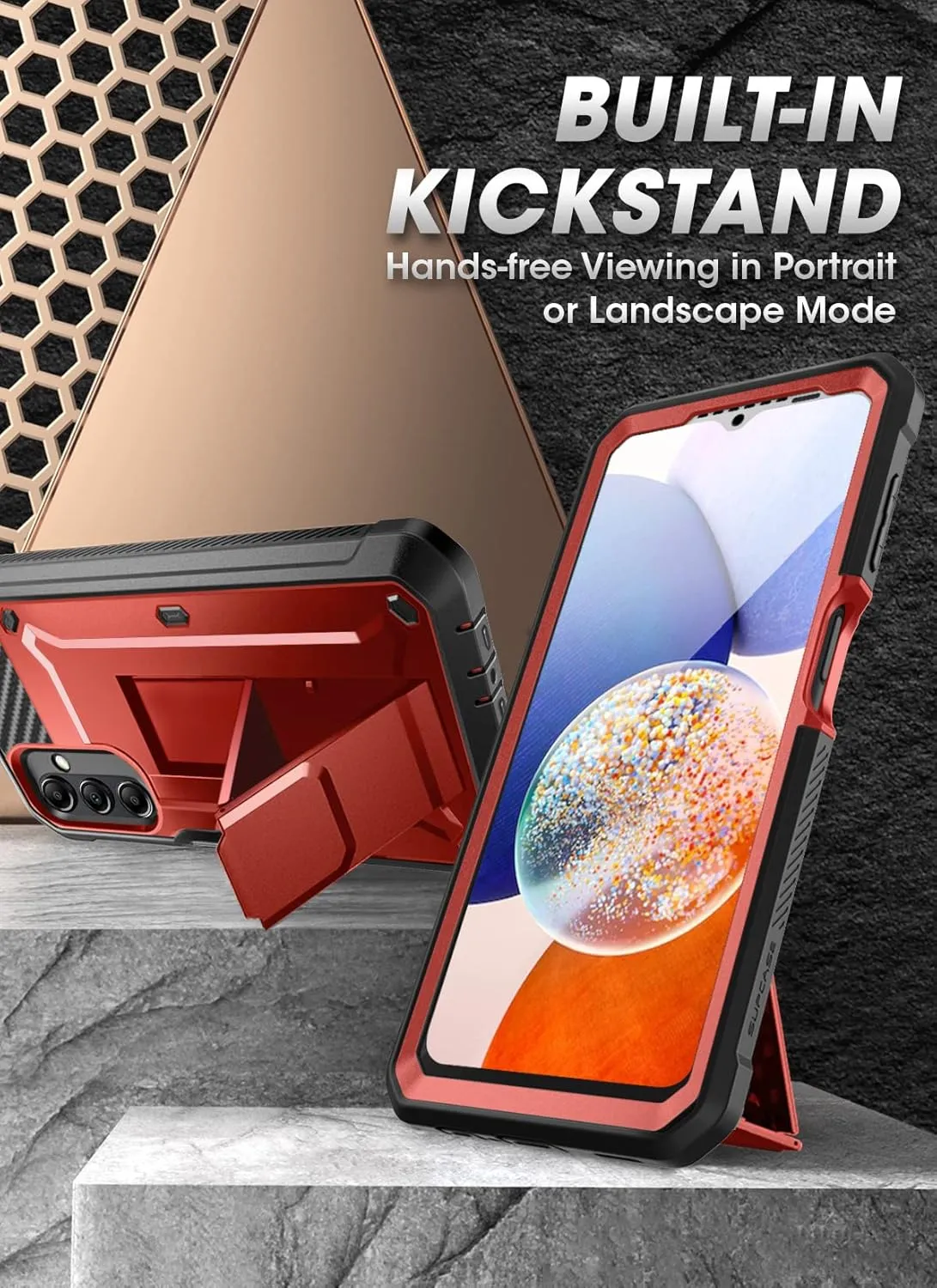 SUPCASE for Samsung Galaxy A14 5G Case with Screen Protector (Unicorn Beetle Pro), [Built-in Stand & Belt-Clip] Heavy Duty Full-Body Rugged Kickstand Protective Phone Case for Samsung A14 5G, Ruddy